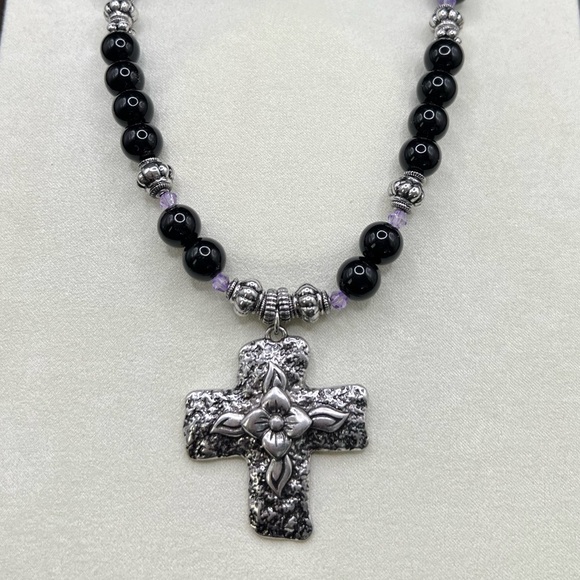 NWT Dolls Kill Divine Nature Cross Necklace Black beads w/ purple crystals - Picture 2 of 7